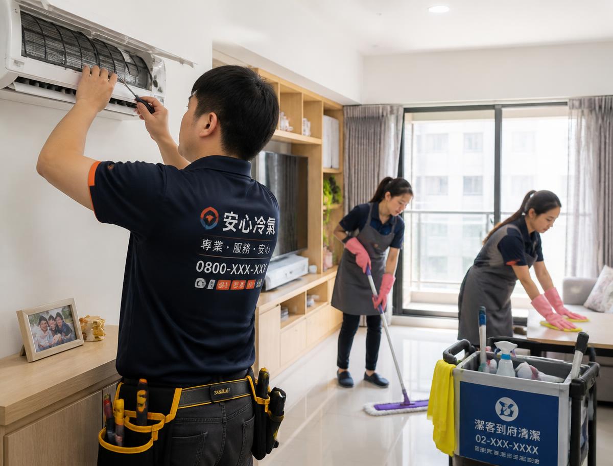 冷氣技師與清潔人員在住家內施作的在地服務情境